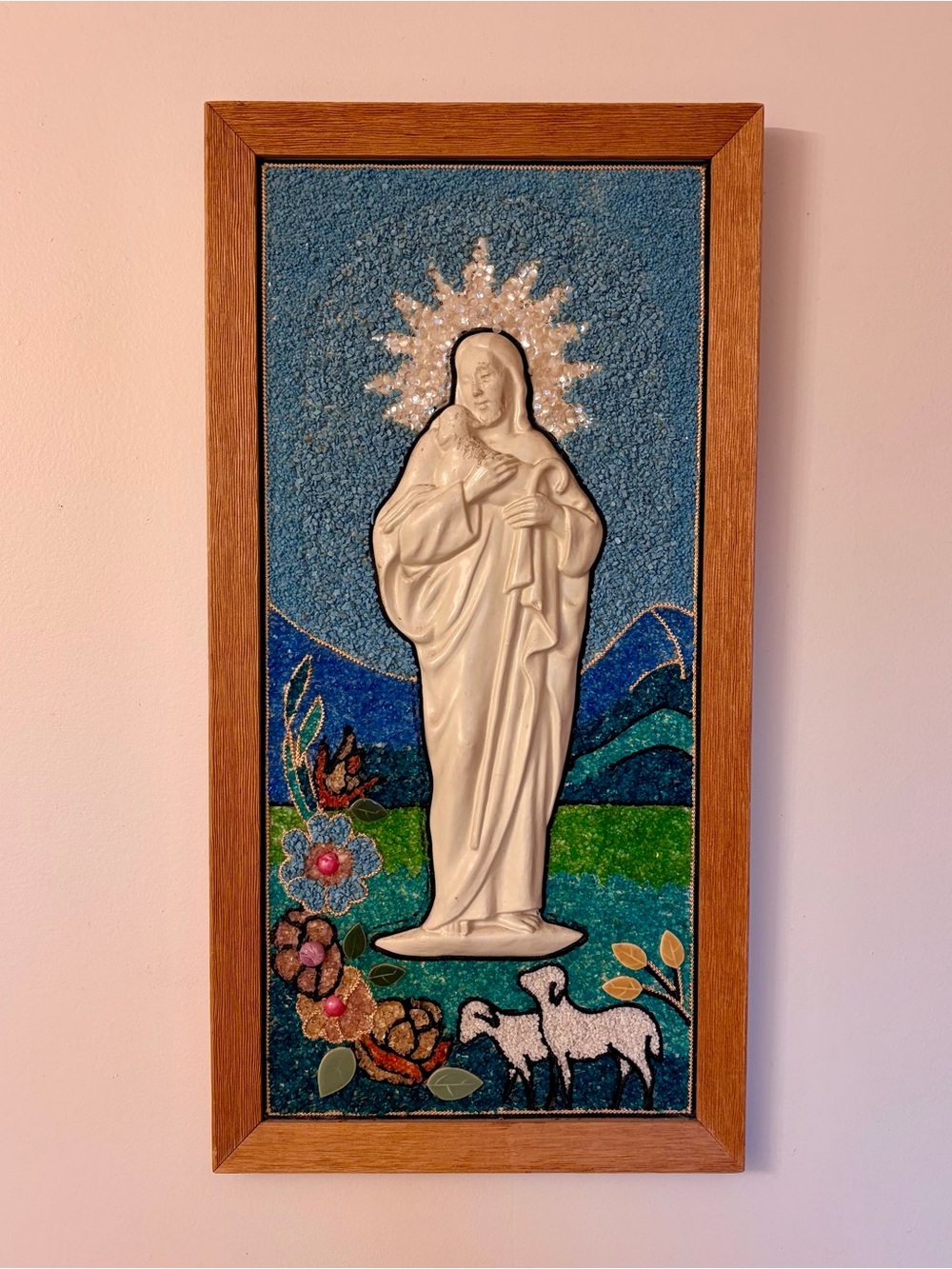 Vintage Jesus The Good Shepard Gravel Mosaic Religious Wall Art Wooden Frame